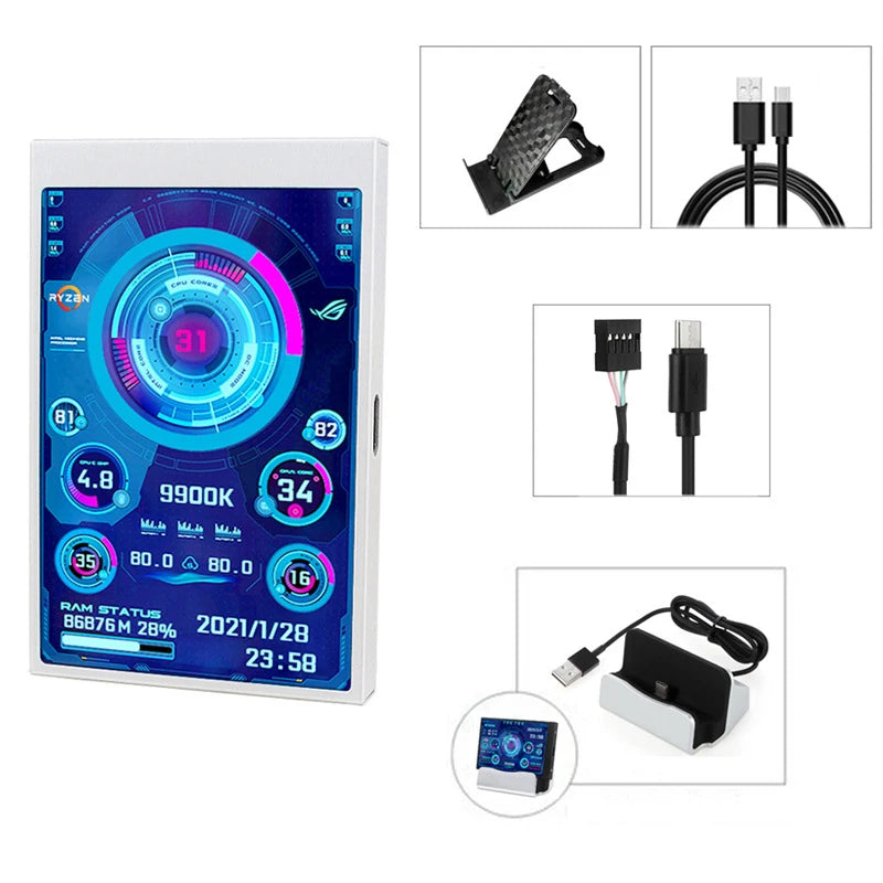 USB 3.5 Inch IPS 5PIN Type-C Secondary Screen Mini Computer  CPU GPU RAM HDD Monitor Display Freely AIDA64 Holder Cable