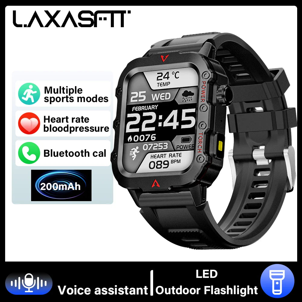 LAXASFIT Men's Outdoor Smart Watch with LED Flashlight – Sports Fitness Tracker, Health Monitoring & LED Wristwatch