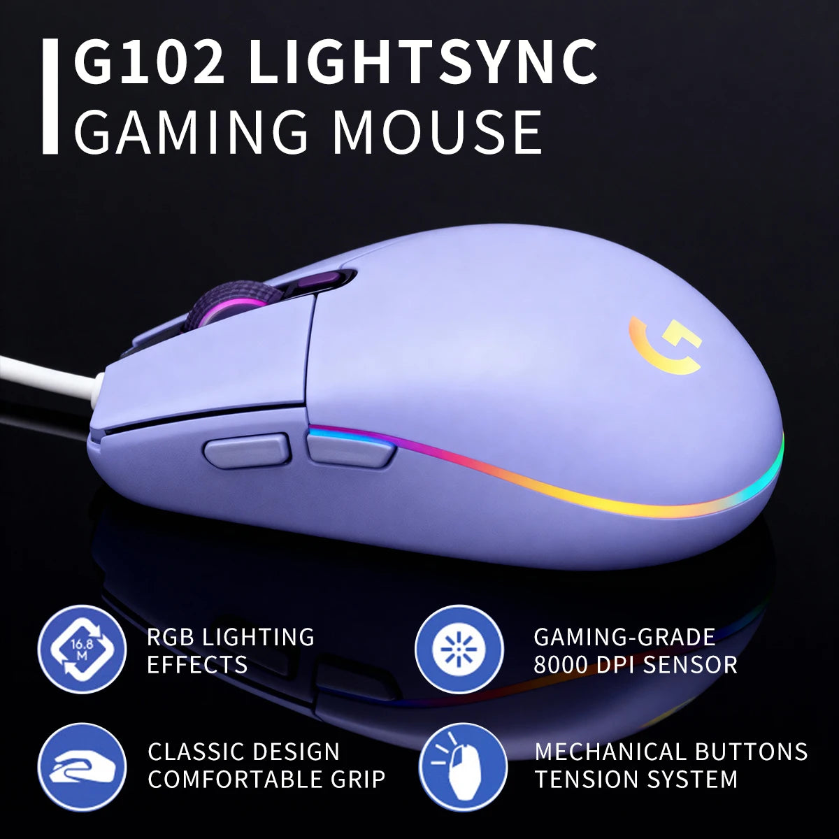 Logitech G102 Gaming Mouse Wired RGB Lighting 6 Programmable Buttons 8000 DPI Adjustable Ergonomic Fit for Desktop Laptop