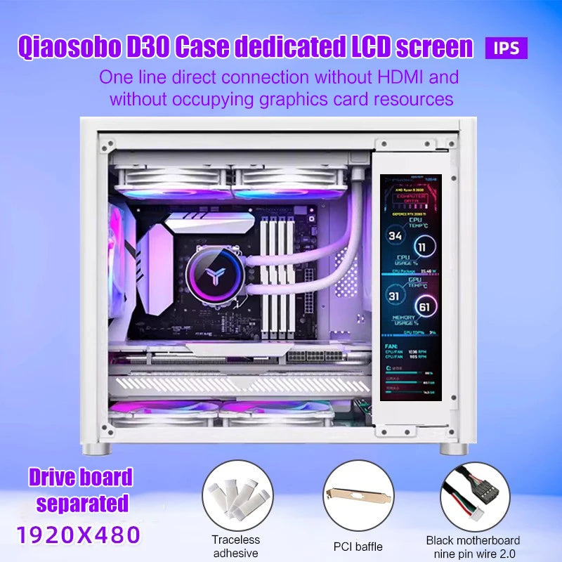 White IPS LCD Screen for Josbo D30 D31 DIY Dynamic Monitor, 1920×480 High-Resolution Display Module