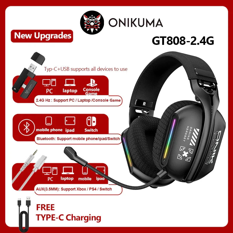 Onikuma Gt808 Three Mode with Mic E-Sports Wireless Gaming Headset Rgb Lighting Supports Bluetooth 5.3 / 2.4g / Aux 3.5mm