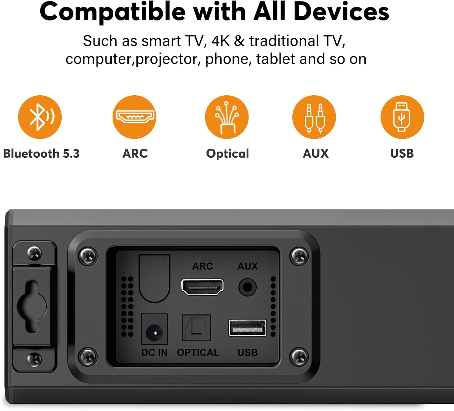 Wohome 2.1 Sound Bar for Smart TV with Built-in Subwoofer, 6 Levels Voice Enhancement, 15 Inches Small TV Soundbar Speakers with Bluetooth 5.3/ARC/Optical/AUX/USB Connection, 3 EQ Modes, Wall Mount