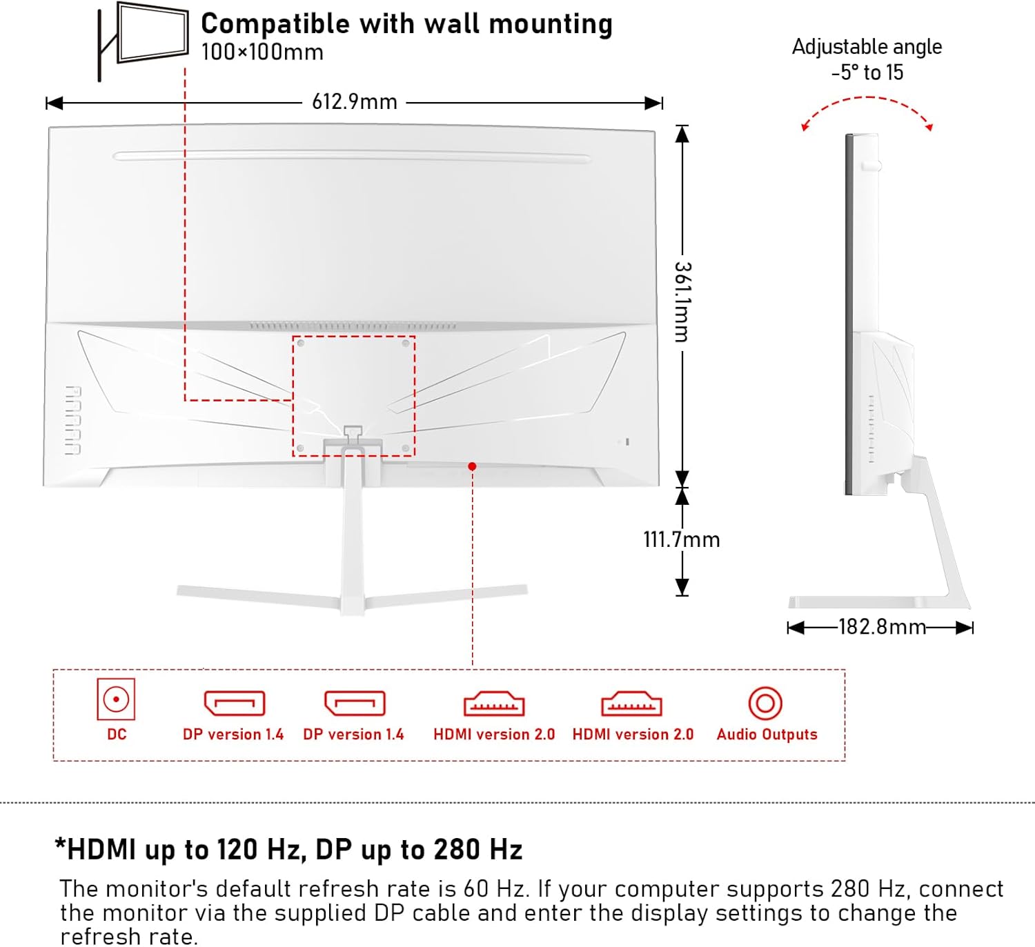 Gawfolk 27 Inch PC Computer Screen,1800R Curved Gaming 280Hz Monitors, FHD 1080p 1ms, Freesync, 98% sRGB,178 ° Angle View HDMI2.0、DisplayPort, Compatible with Wall-Mounted 100 * 100MM-White