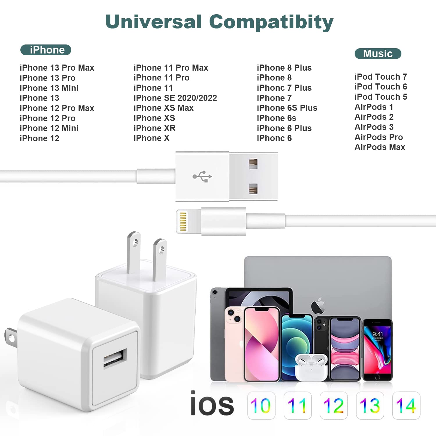 iPhone Charger,Cube iPhone Charger Travel 2Pack 6FT Lightning Cable Cord Quick Fast Charging Cord USB Wall Chargers Travel Plug Adapter for iPhone14/13/12/11/10/X/8 Plus/XR/XS Max/7/SE/iPad,Airpods