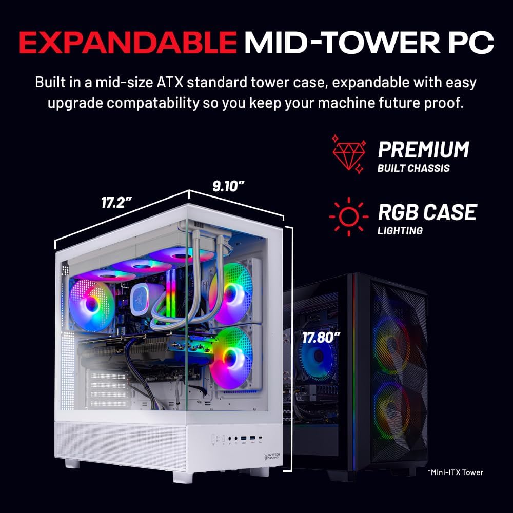 Skytech Gaming Azure 3 Desktop PC, Intel i7 14700F 2.1 GHz (5.3GHz Turbo), NVIDIA RTX 5070 12GB, 1TB Gen4 NVMe SSD, 32GB DDR5 RAM 5200 RGB, 850W Gold ATX 3 PSU, 360mm ARGB AIO, Wi-Fi, Win 11