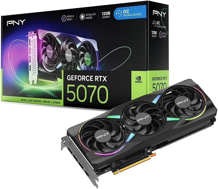 PNY NVIDIA GeForce RTX™ 5070 Epic-X™ ARGB OC Triple Fan, Graphics Card (12GB GDDR7, 192-bit, Boost Speed: 2685 MHz, SFF-Ready, PCIe® 5.0, HDMI®/DP 2.1, 2.4-Slot, NVIDIA Blackwell Architecture, DLSS 4)
