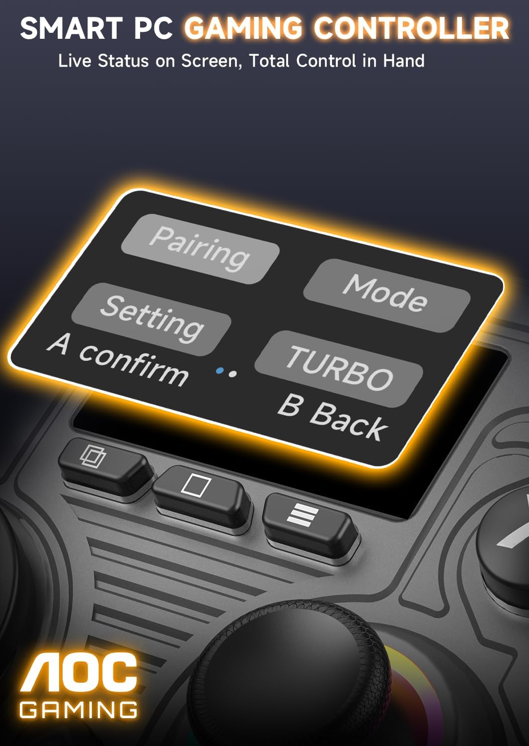 AOC PC Controller — Interactive Screen Wireless Controller Compatible with PC/Switch/Switch 2/iOS/Android, Hall Effect Joystick & Triggers, RGB Lighting, Adjustable Vibration/Turbo, 1000mAh Battery(Black)