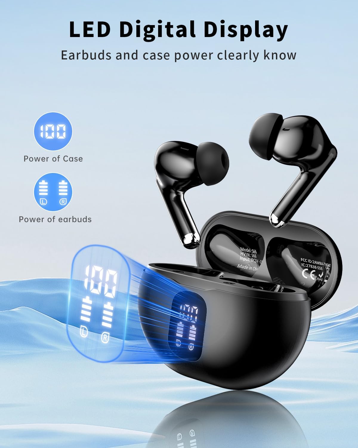 Wireless Earbuds, Bluetooth 5.4 Headphones with 50H Playback, Deep Bass Stereo Ear Buds Clear Calls with LED Power Display, IPX7 Waterproof, in-Ear Earphones with Mic for Phone/Android/iPad, Black