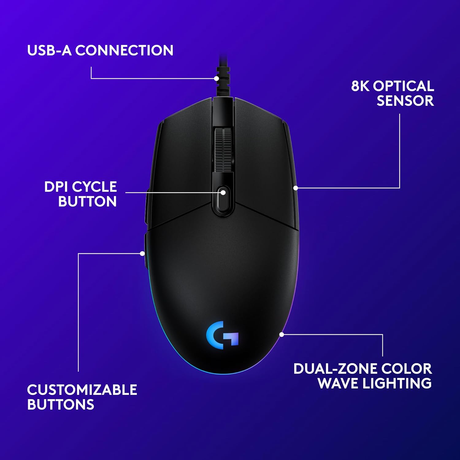 Logitech G203 Wired Gaming Mouse, 8,000 DPI, Rainbow Optical Effect LIGHTSYNC RGB, 6 Programmable Buttons, On-Board Memory, Screen Mapping, PC/Mac Computer and Laptop Compatible - Black