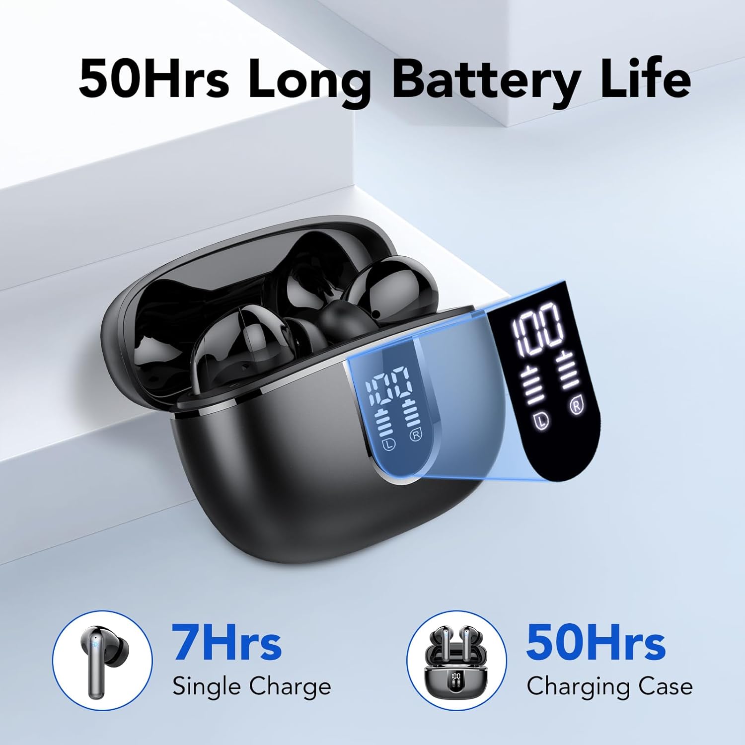 TIMU Wireless Earbuds, Bluetooth Headphones 5.3, 50H Playtime LED Display Deep Bass Ear Buds with 4 ENC Noise Cancelling Mic, IP7 Waterproof in-Ear Earphones for Phone Tablet Laptop Sports