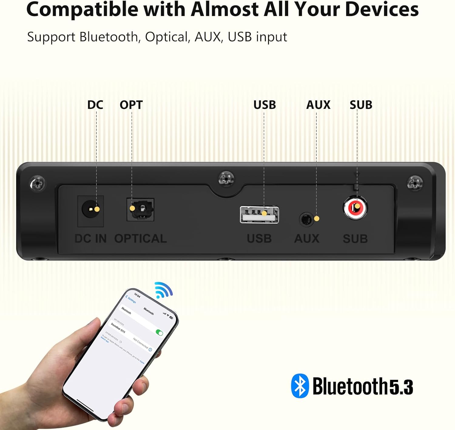 Wohome Sound Bar for Smart TV with Wired Subwoofers, 2.1 Channel Small TV Soundbar Speakers, Home Theater Surround Sound System, Bluetooth 5.3/ Optical/AUX Connectivity