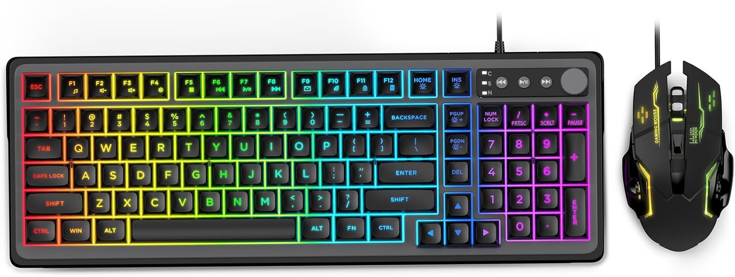 Gaming Keyboard and Mouse Combo - RGB Backlit 14 Lighting Effects, USB Wired Computer Keyboard, 26-Key Anti-Ghosting, Volume Wheel, Quiet Typing, Adjustable DPI Mouse for Gaming & Work, Trueque
