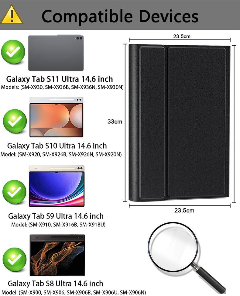 Case Keyboard for Samsung Galaxy Tab S11 Ultra / S10 Ultra / S9 Ultra / S8 Ultra 14.6 inch Cover - 7 Color Rainbow Change Backlit Detachable Magnetic Keyboard with S Pen Holder with Mouse - Black