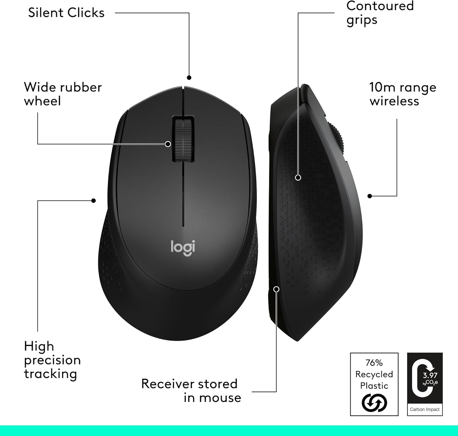 Logitech M330 Silent Wireless Mouse, 2.4GHz with USB Receiver, Optical Tracking, Quiet & Lightweight, Long Battery Life, for PC, Mac, Laptop, Chromebook - Black