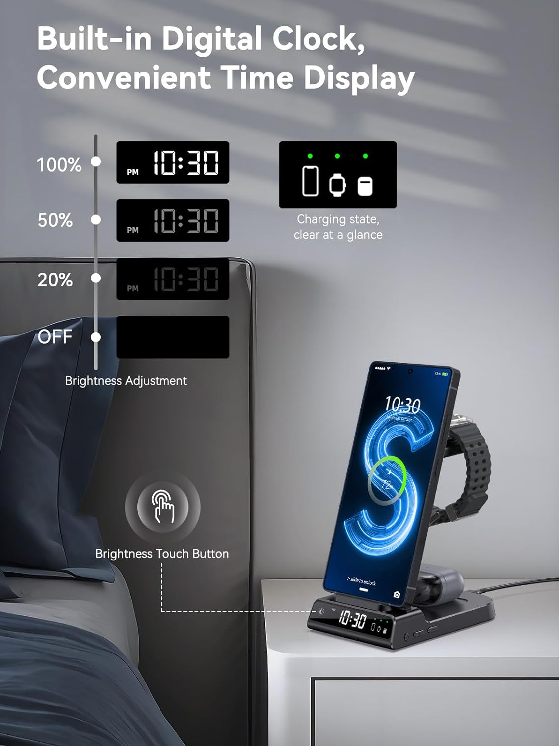 Wireless Charger for Samsung Charging Station with Clock for Samsung Galaxy S25 Ultra/S24 Ultra/Z Flip 7/Z Fold6/Bud, 3 in 1 Android Charging Station, Watch Charger for Samsung Galaxy Watch 8/7/6/5Pro