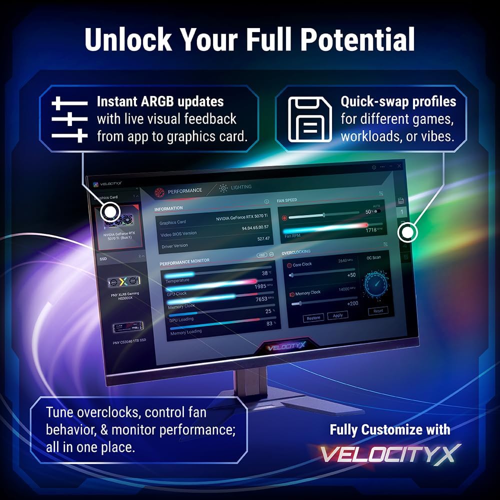 PNY NVIDIA GeForce RTX™ 5070 Epic-X™ ARGB OC Triple Fan, Graphics Card (12GB GDDR7, 192-bit, Boost Speed: 2685 MHz, SFF-Ready, PCIe® 5.0, HDMI®/DP 2.1, 2.4-Slot, NVIDIA Blackwell Architecture, DLSS 4)