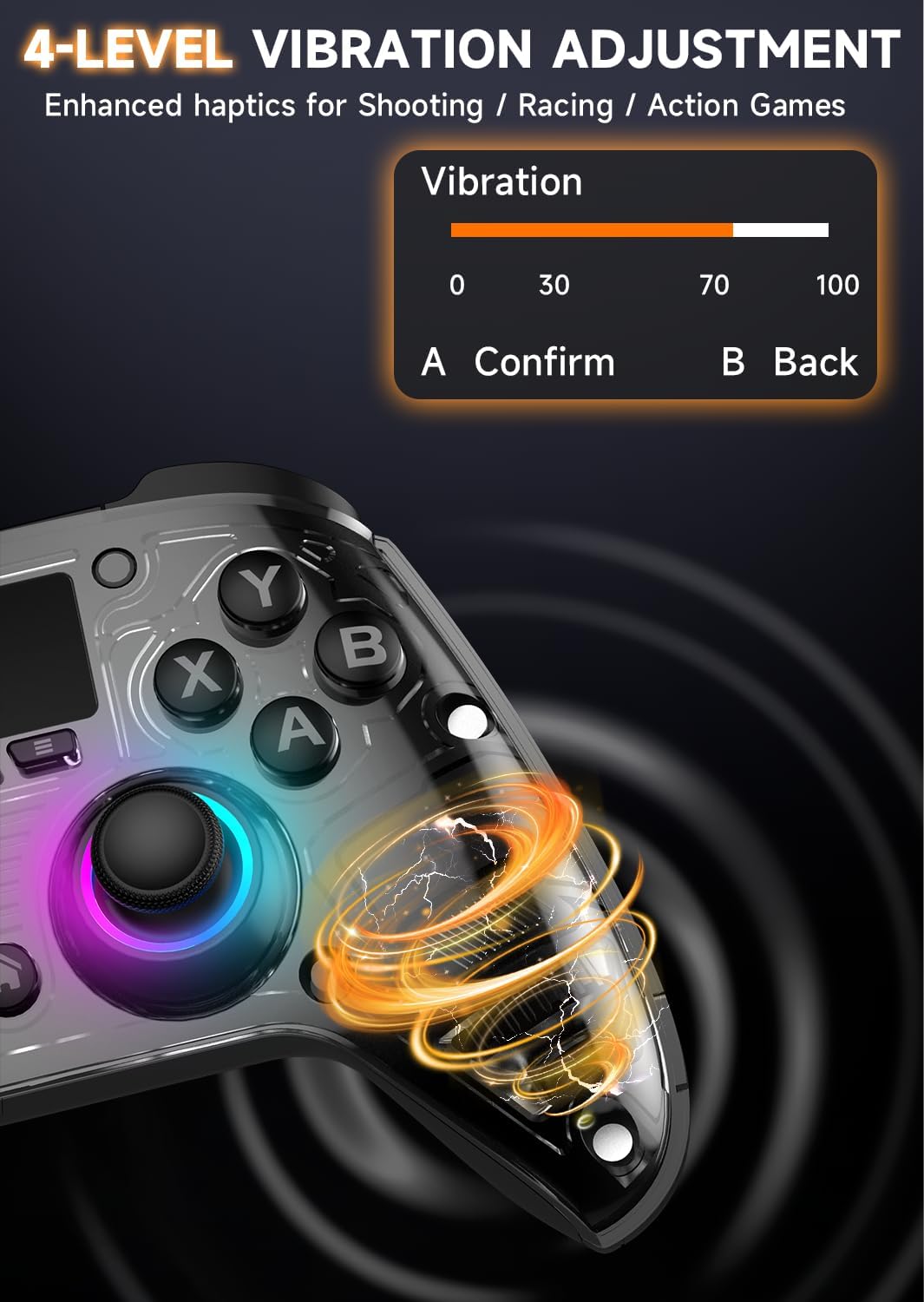 AOC PC Controller — Interactive Screen Wireless Controller Compatible with PC/Switch/Switch 2/iOS/Android, Hall Effect Joystick & Triggers, RGB Lighting, Adjustable Vibration/Turbo, 1000mAh Battery(Black)