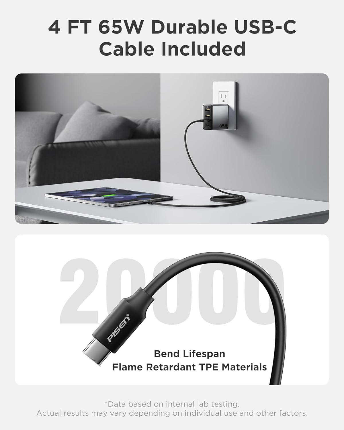 PISEN 65W USB C Charger - 4-Port GaN Fast Charging Block Type C Charger Fast Charging Wall Plugs with 4FT C to C Cable for MacBook Pro/Air, iPhone 16/15/14, iPad Pro, Galaxy S24, Pixel 8, Steam Deck