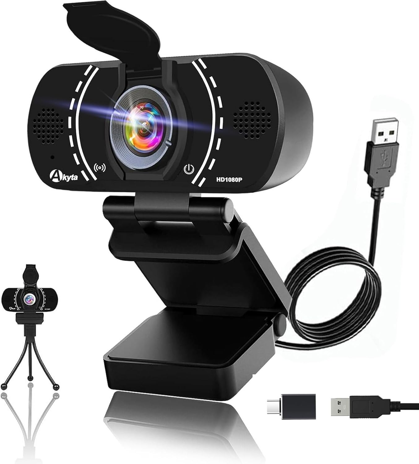 Akyta 1080P Web Camera for Laptop, Webcam with Microphone/Privacy Cover/Stand/Adapter/Plug and Play & Wide Angle 110°, USB Webcam for Desktop Computer PC Mac Video Calling/Zoom Conferenc