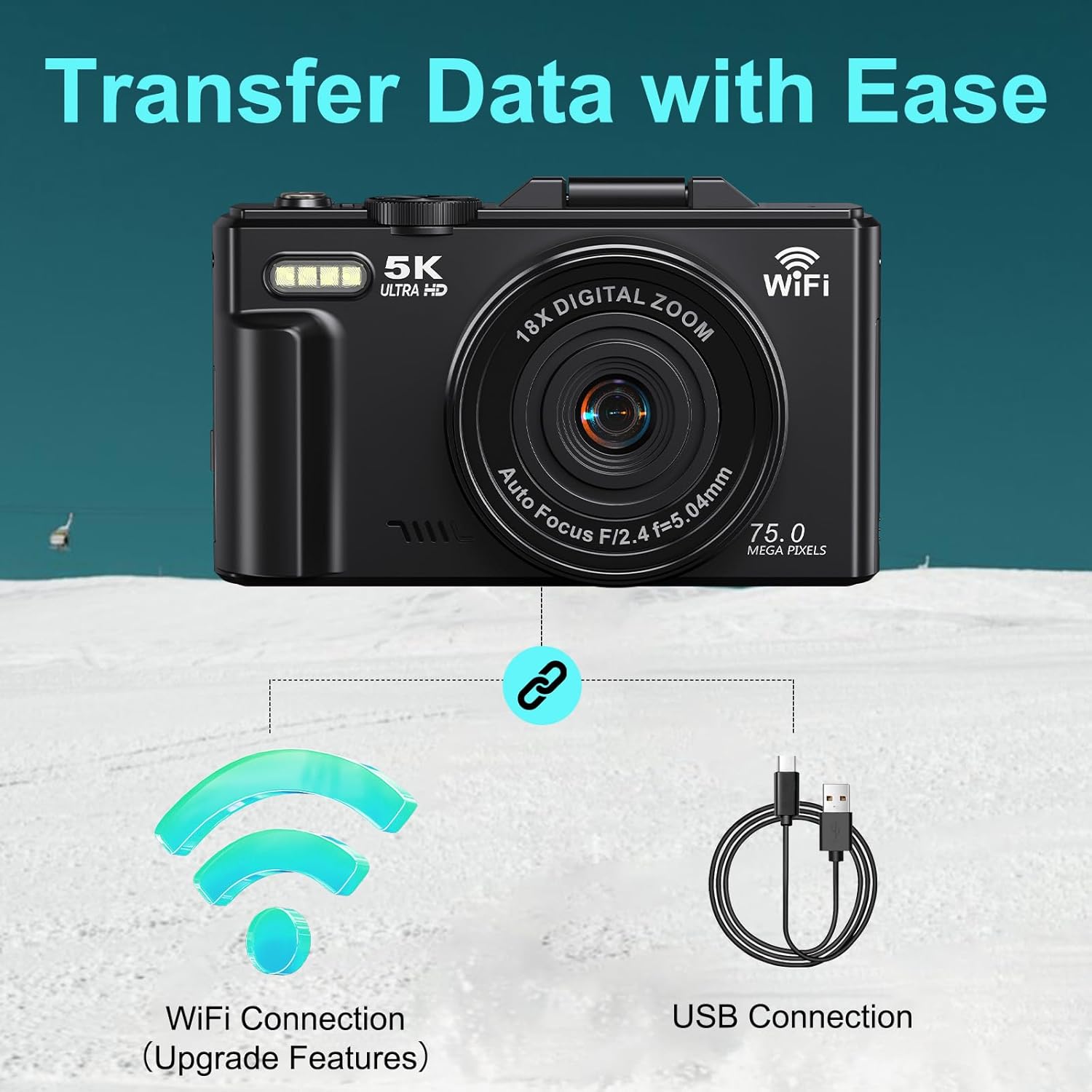 5K Digital Camera for Photography - 75MP WiFi Vlogging Camera for YouTube - UHD 18X Zoom Digital Cameras with Flip Screen 3