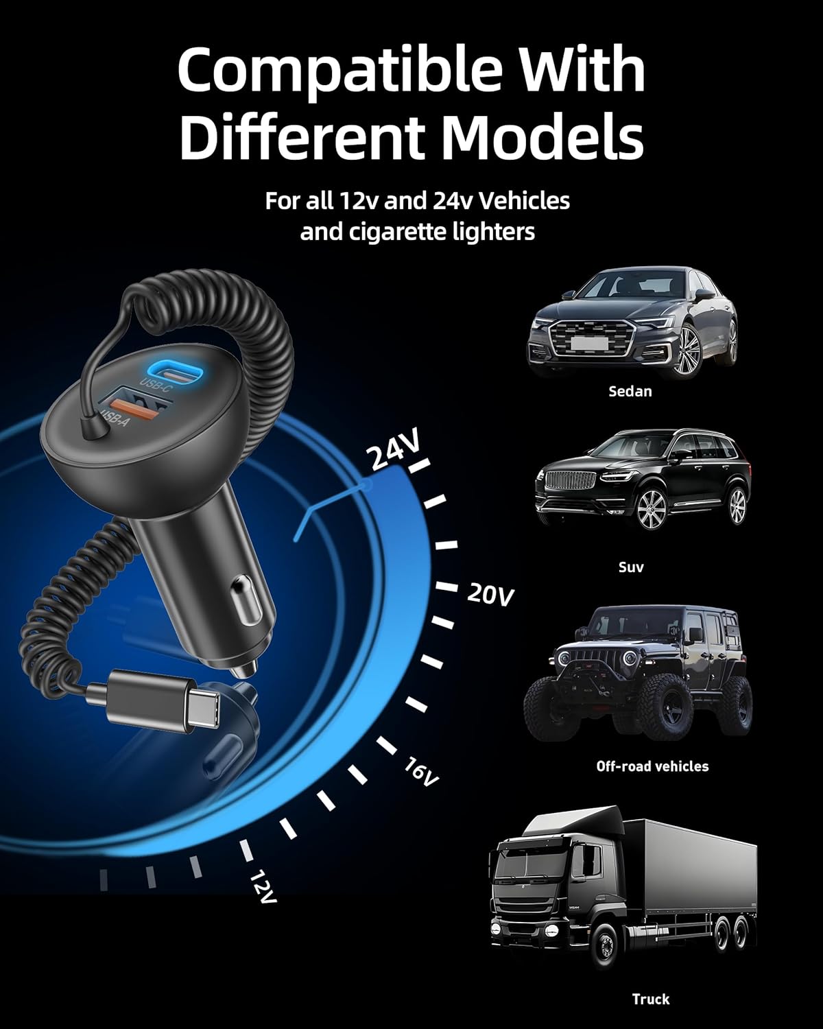 90W iPhone 17/17 Pro Max/Air Car Charger Fast Charging, 3-Port USB C Fast Car Charger Cigarette Lighter Adapter & 4FT USB-C Coiled Cable for iPhone 17/Air/17 Pro /16/15 Pro Max/Plus, iPad, Android