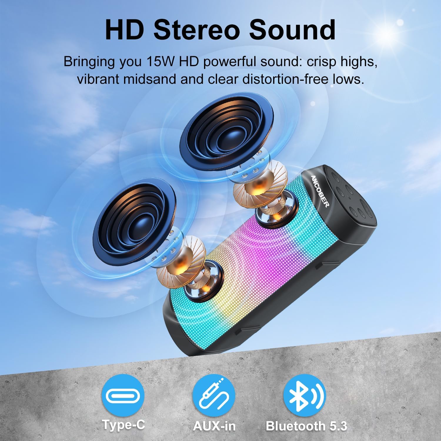 Bluetooth Speaker with Lights, Portable Wireless, Powerful Stereo Sound, IPX4 Waterproof, Up to 24H Playtime, TWS Surround Pair, BT5.3,for Home/Outdoor/Party/Camping, Electronic Gadgets, Birthday Gift