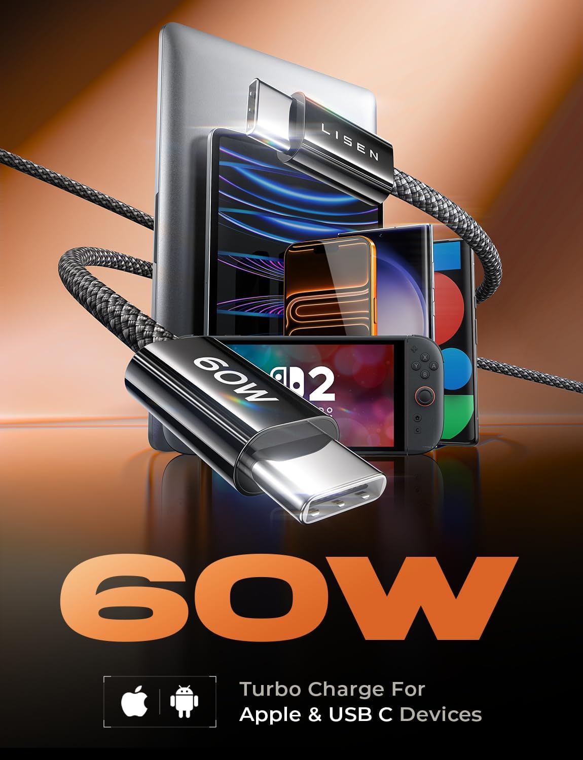 LISEN USB C to USB C Cable, 5-Pack [3.3/3.3/6.6/6.6/10FT] for iPhone 17 Charger Cord, 60W C to C Cable Fast Charging for iPad, iPhone 17 Air 16 15 Pro Max, Samsung Z Flip 7/S25/S24 USBC to USBC Cable