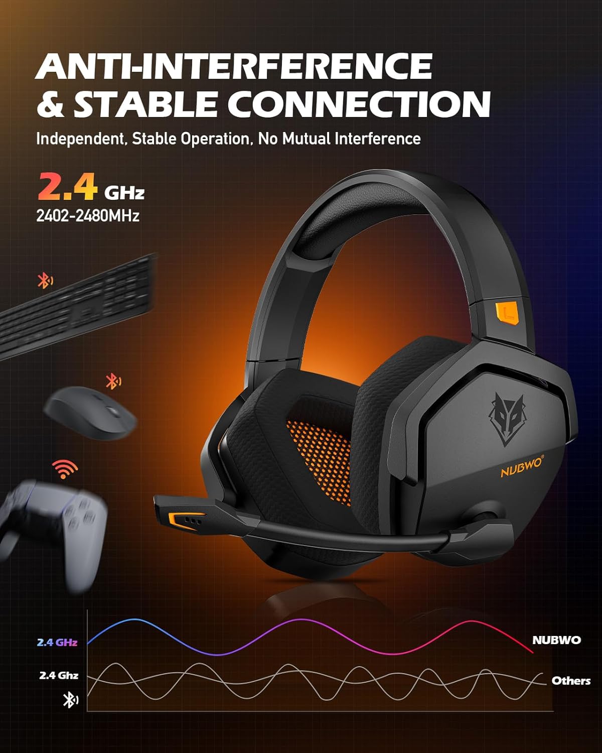 NUBWO Wireless Gaming Headset with Mic for Ps5 Ps4 PC, Zero Interference, 100-Hour Battery All-Day Play, 23ms Sync for Fortnite & Call of Duty/FPS Gamers, Triple Mode All Devices Compatible - Orange