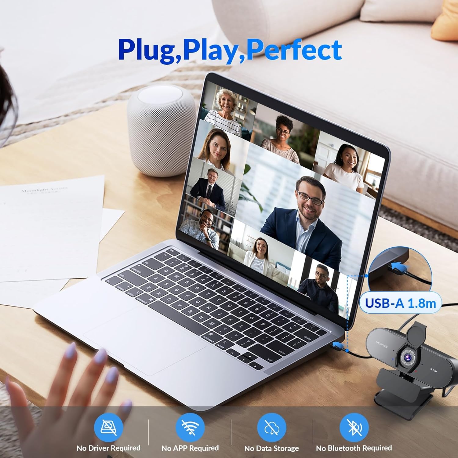 4K Webcam for PC with PDAF & CDAF Dual-autofocus, Ultra 4K HD, 2 Noise Reduction Mics, Auto Light Correction, USB-A, Privacy Cover, 79°FOV, Streaming Camera for PC, Mac, Laptop, Video Calls