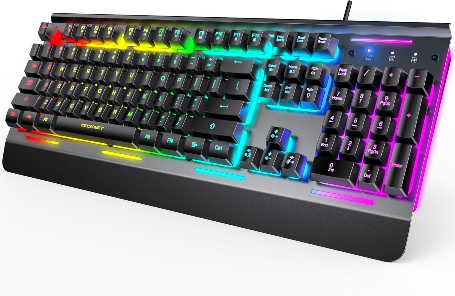 TECKNET Gaming Keyboard, USB Wired Computer Keyboard, 15-Zone RGB Illumination, IP32 Water Resistance, 25 Anti-ghosting Keys, All-Metal Panel (Whisper Quiet Gaming Switch)