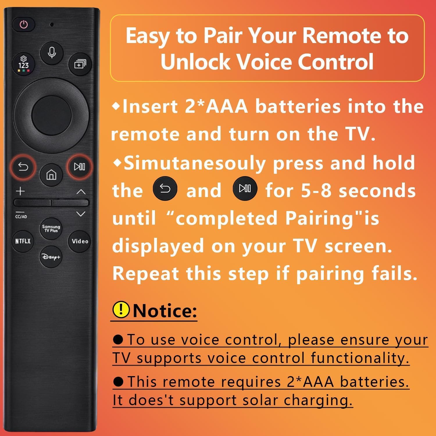 Replacement for Samsung TV Remote, for All 2019-2025 Samsung Remote Control for Smart TV with Voice Control. No Solarcell. 2-Year Warranty.