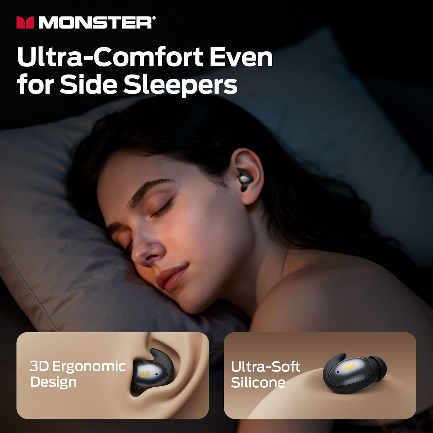 Monster Sleep Ear100 Ear Buds, Sleep Earbuds with Stereo Sound, Design for Side Sleeper, 32H Playtime, Bluetooth 6.0, ENC Noise Cancelling, IPX6 Waterproof Mini Headphones, Black
