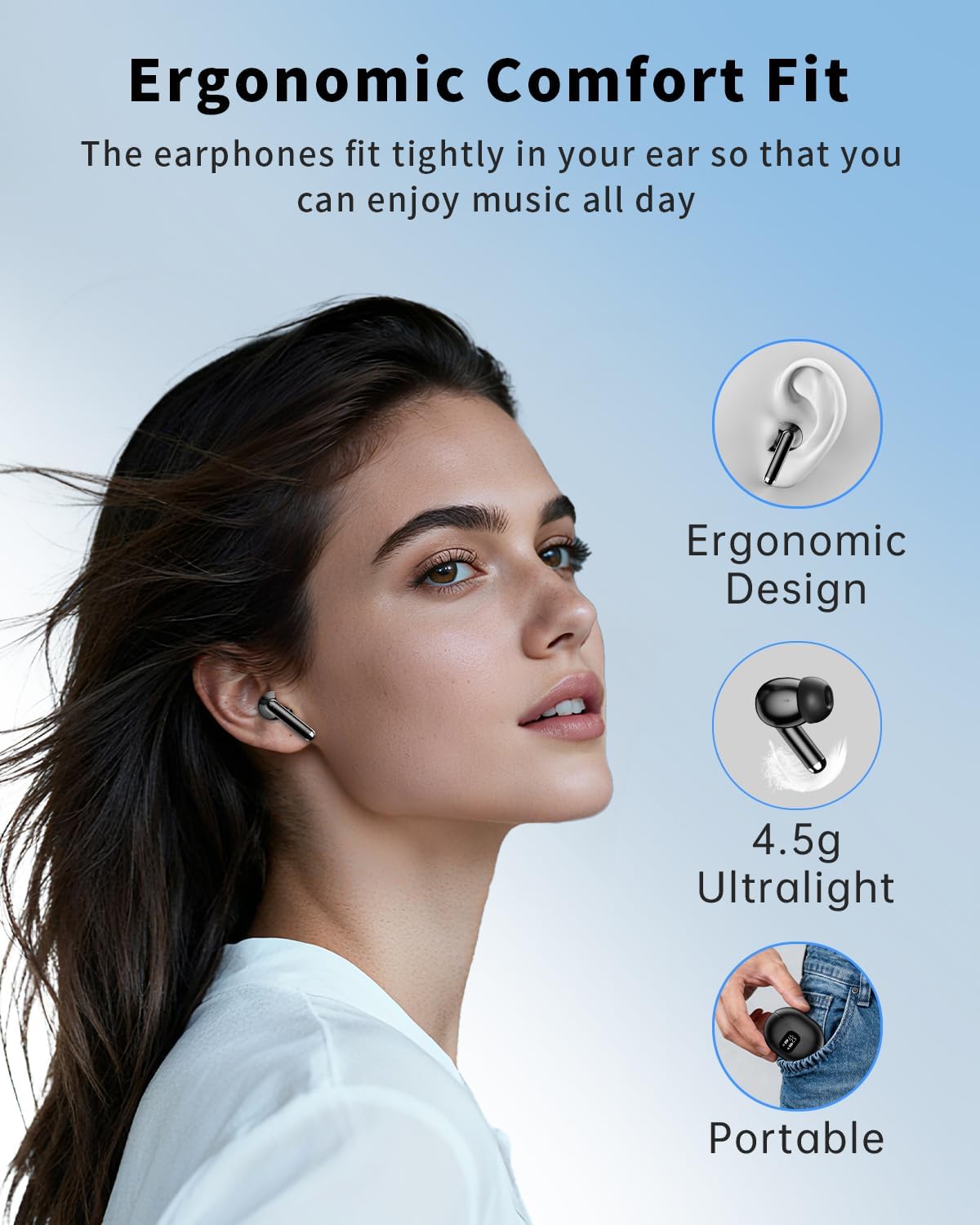 Wireless Earbuds, Bluetooth 5.4 Headphones with 50H Playback, Deep Bass Stereo Ear Buds Clear Calls with LED Power Display, IPX7 Waterproof, in-Ear Earphones with Mic for Phone/Android/iPad, Black
