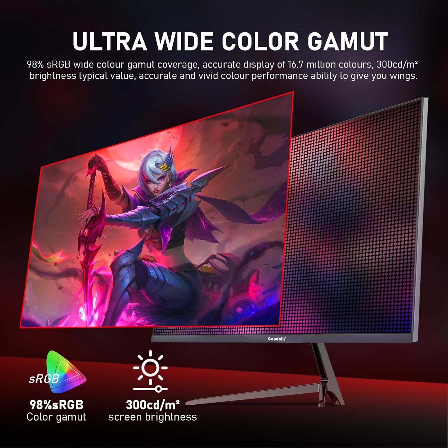 Gawfolk 27 inch 2K QHD(2560×1440) PC Screen, 165Hz Gaming Monitor, 1ms Without Bezel, FreeSync,98% sRGB, 178° Wide Viewing Angle,Display 1.4、Port HDMI2.0, Wall Mount Compatible 75 * 75MM- Black