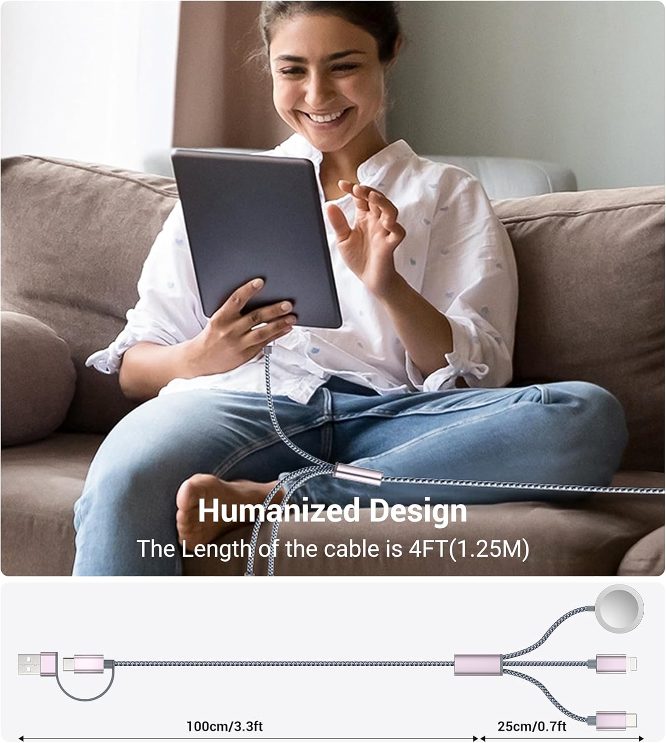 Temdan for Travel Essentials,3 in 2 USB C Cable for Apple Watch Charger/iPhone 17 Charger/Lightning,Multi Charging Cable Cord,Vacation Camping Essentials,Portable Designed for iWatch &iPhone 16-12-4FT