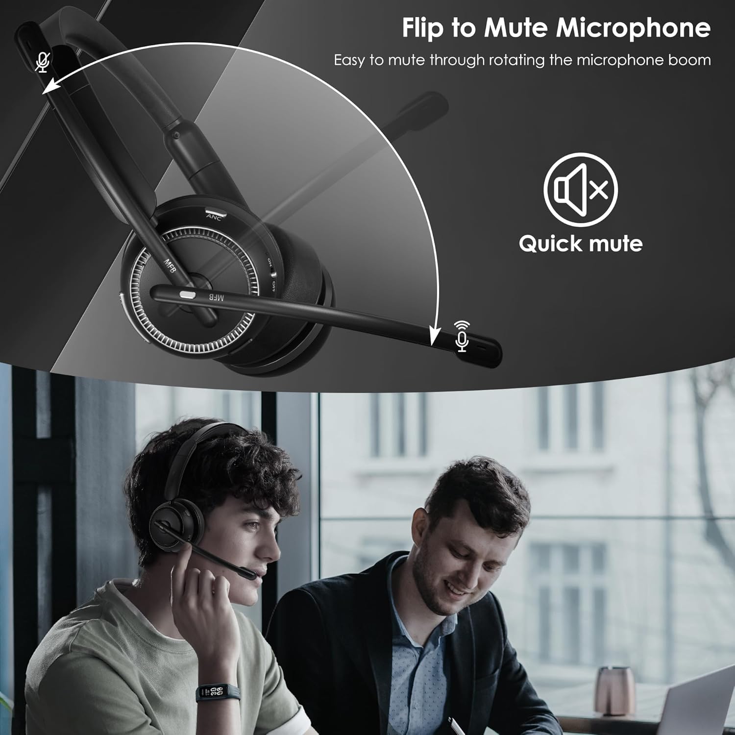 Upgrade ANC & ENC Headset with Microphone for PC, Wireless Headset with Mic for Work(Flip-to-Mute & USB Dongle), Bluetooth 5.4 Noise Cancelling Headphones with Mic for Call Center/Home/Computer/Phones