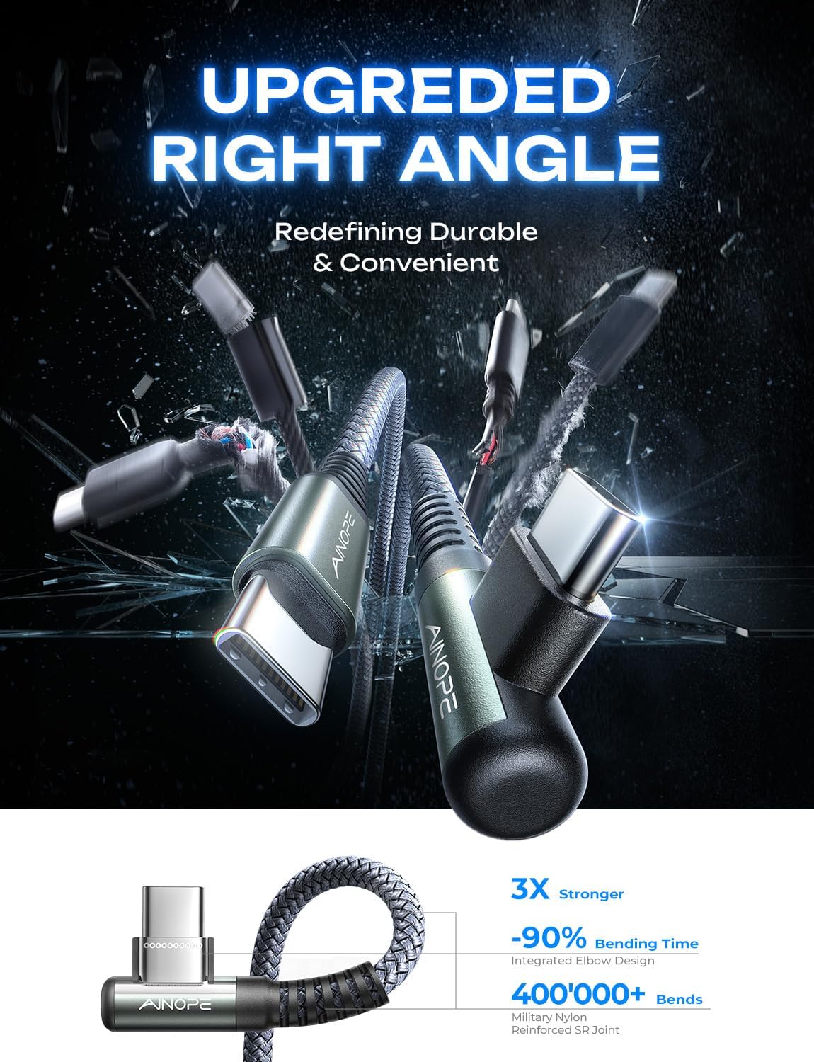 AINOPE USB C to USB C Cable 60W 2Pack 6.6ft C to C Cable Fast Charging Type C Charger Fast Charging Right Angle Sideways Phone Charger USBC - USBC for iPhone 17 Pro Max 16 Accessories Samsung S25 iPad