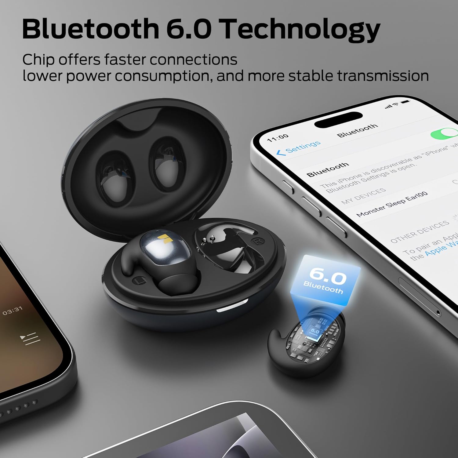 Monster Sleep Ear100 Ear Buds, Sleep Earbuds with Stereo Sound, Design for Side Sleeper, 32H Playtime, Bluetooth 6.0, ENC Noise Cancelling, IPX6 Waterproof Mini Headphones, Black