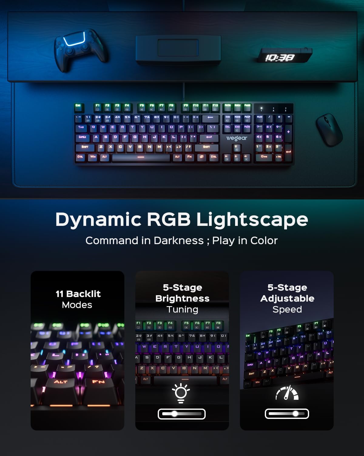 Mechanical Gaming Keyboard with Blue Switch, 104-Key Full Size RGB Backlit Wired Keyboard（11 Modes, Anti-Ghosting, Double-Shot ABS Keycaps, Lighted Computer Key-Board for PC Windows-Black