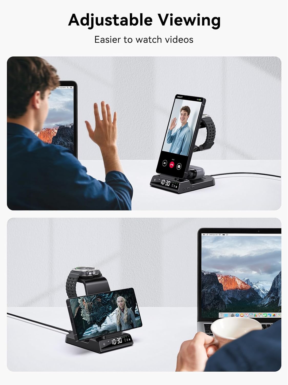 Wireless Charger for Samsung Charging Station with Clock for Samsung Galaxy S25 Ultra/S24 Ultra/Z Flip 7/Z Fold6/Bud, 3 in 1 Android Charging Station, Watch Charger for Samsung Galaxy Watch 8/7/6/5Pro