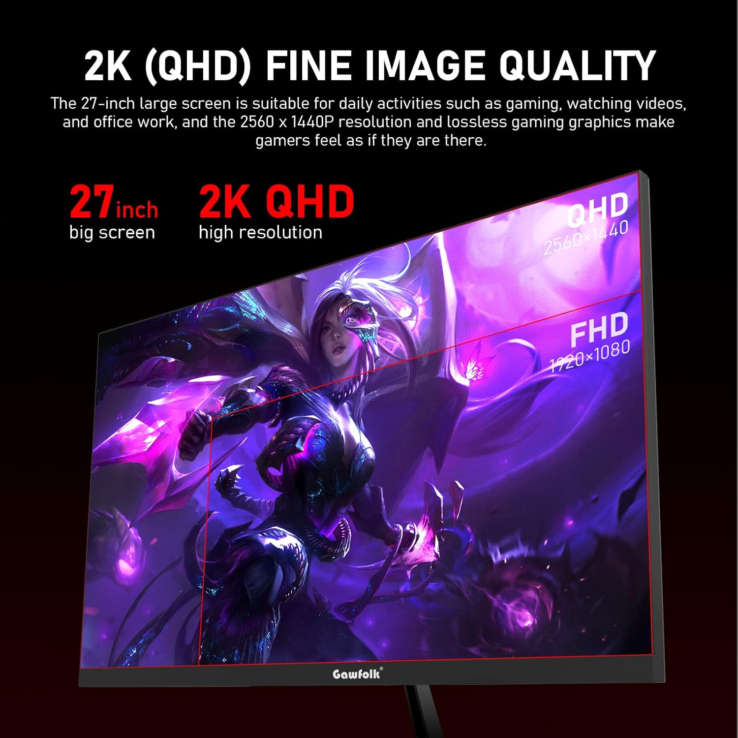 Gawfolk 27 inch 2K QHD(2560×1440) PC Screen, 165Hz Gaming Monitor, 1ms Without Bezel, FreeSync,98% sRGB, 178° Wide Viewing Angle,Display 1.4、Port HDMI2.0, Wall Mount Compatible 75 * 75MM- Black
