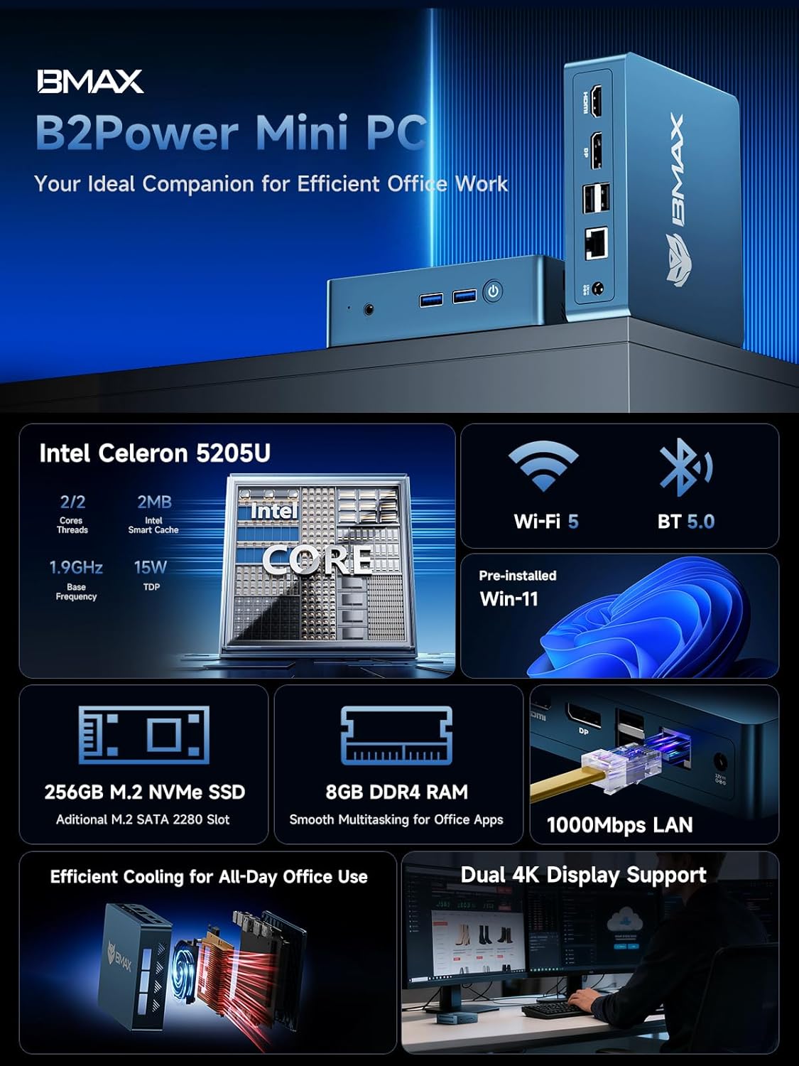 Bmax Mini PC B2 Power Intel 5205U 8GB DDR4 256GB M.2 NVMe SSD Support Expansion (64GB&4TB),HDMI 1.4&DP 1.2, USB3.2,4K Dual Display 2.4G/5G WiFi & BT5.0 Mini Desktop Computers for Home/Office/Design