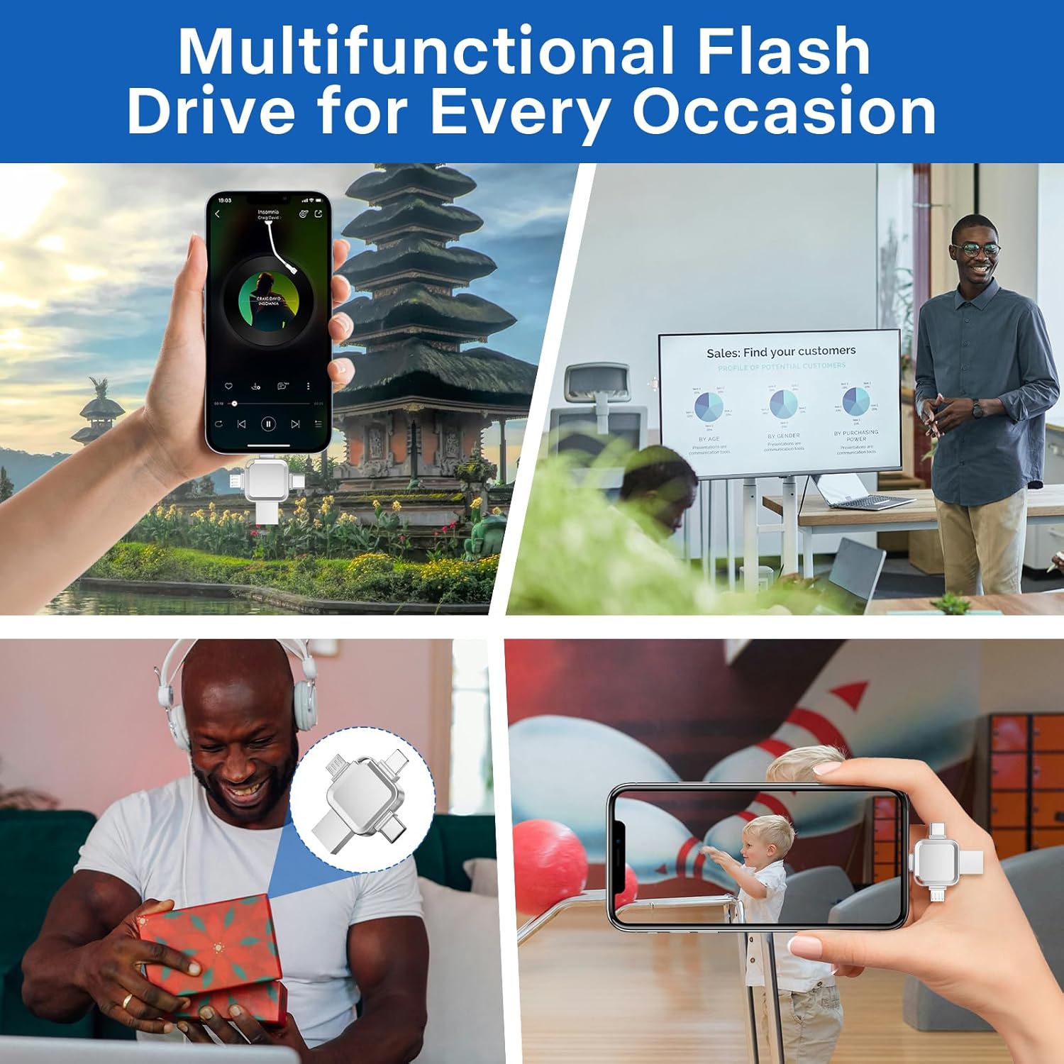 【No App Required】 LANSLSY Flash Drive for Phone 256GB,4 in 1 Photo Stick for Phone/Pad/Android/PC，Silver Memory Stick for Photos and Videos-4 Separate Ports, No Adapter Needed