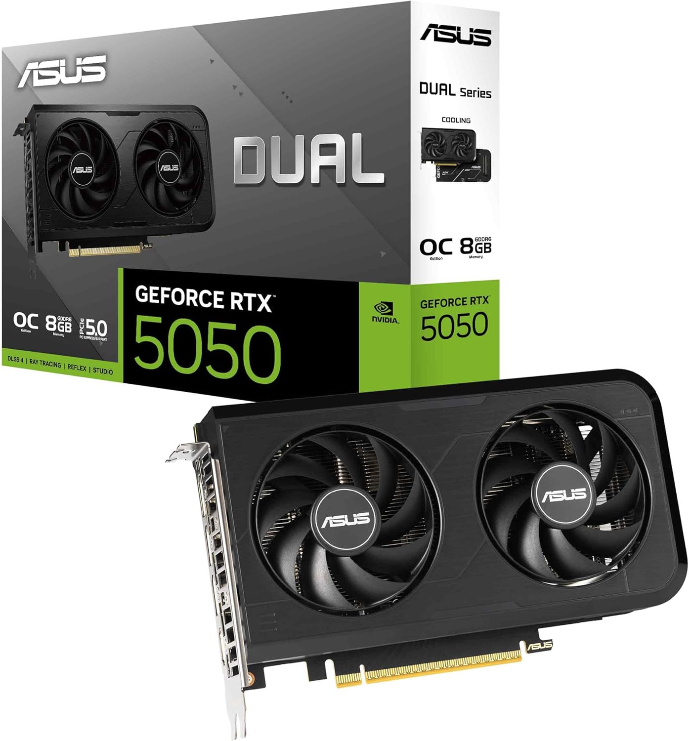 ASUS Dual GeForce RTX™ 5050 8GB GDDR6 OC Edition (PCIe 5.0, 8GB GDDR6, DLSS 4, HDMI 2.1b, DisplayPort 2.1b, 2-Slot, Axial-tech Fan Design, 0dB Technology, Dual BIOS and More)