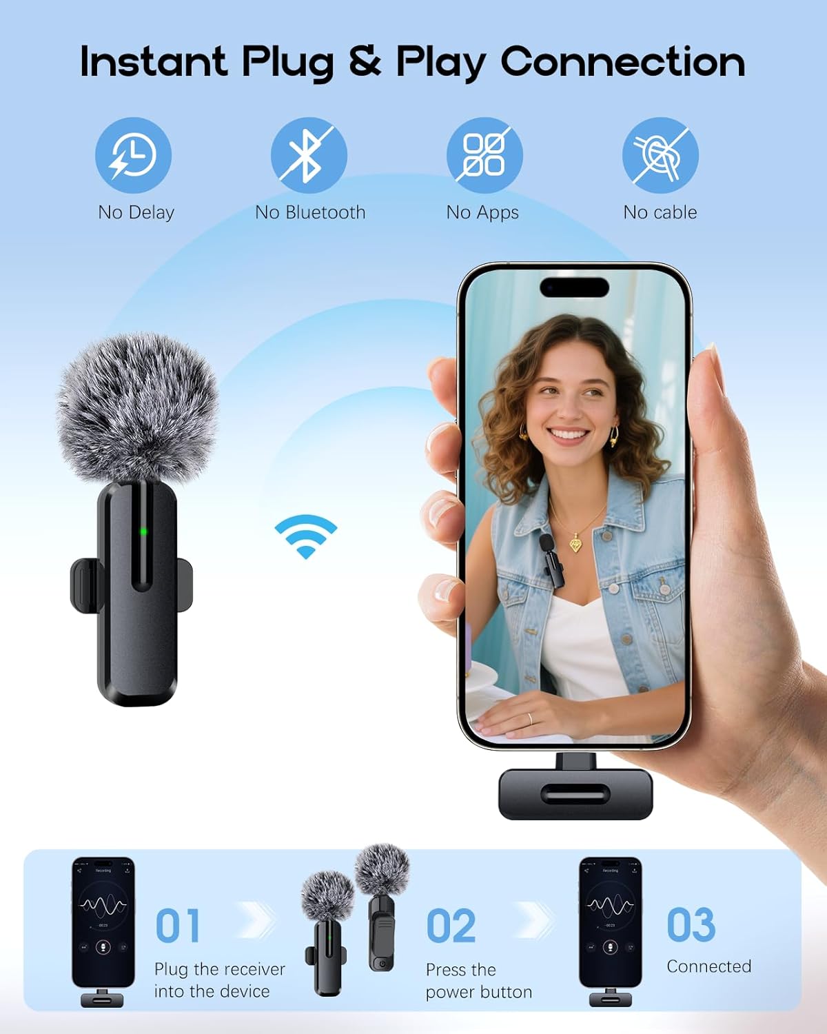 Wireless Mini Microphone for iPhone - 2 Pack Lavalier Microphone for Video Recording, 2 In 1 Noise Reduction Lapel Mic for Ipad, Android,Clip-on Mini Mic with USB-C for Content Creators Podcast