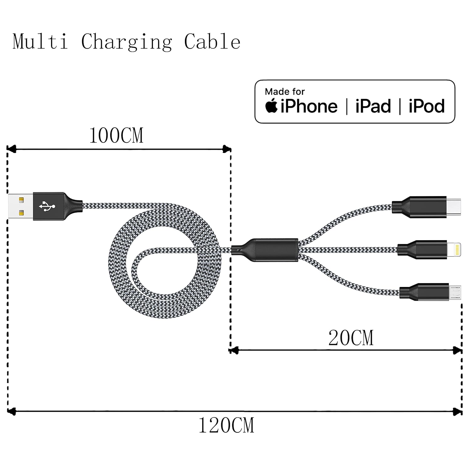 Multi Charging Cable 4ft 3Pack 3 in 1 Charger Cord, Multiple Rapid Nylon Braided Cable USB Charging Cable Multi Phone Charger Cord with Type C Micro Lightning USB Connectors for Cell Phones
