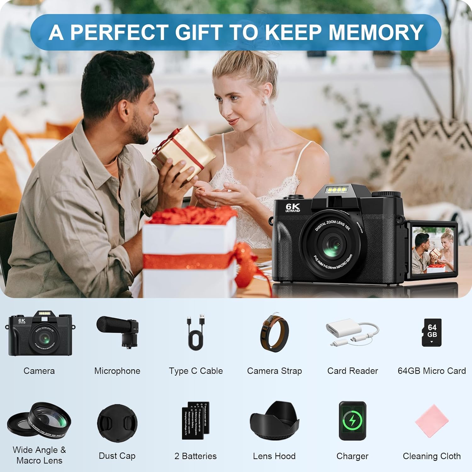 Yatao Digital Cameras for Photography and Vlogging, 6K 64MP Flip Screen, Dual Lens, Microphone for Video, 64GB TF Card, Compact Photo WiFi Camera for YouTube Kit Travel, Beginners (Black)