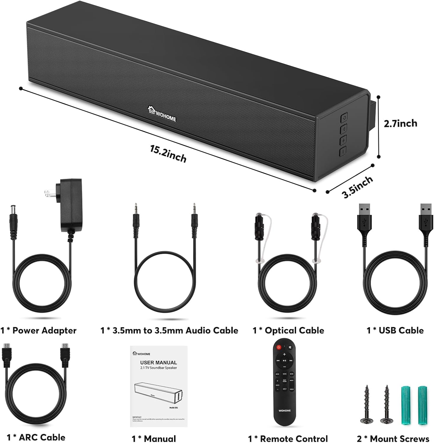 Wohome 2.1 Sound Bar for Smart TV with Built-in Subwoofer, 6 Levels Voice Enhancement, 15 Inches Small TV Soundbar Speakers with Bluetooth 5.3/ARC/Optical/AUX/USB Connection, 3 EQ Modes, Wall Mount