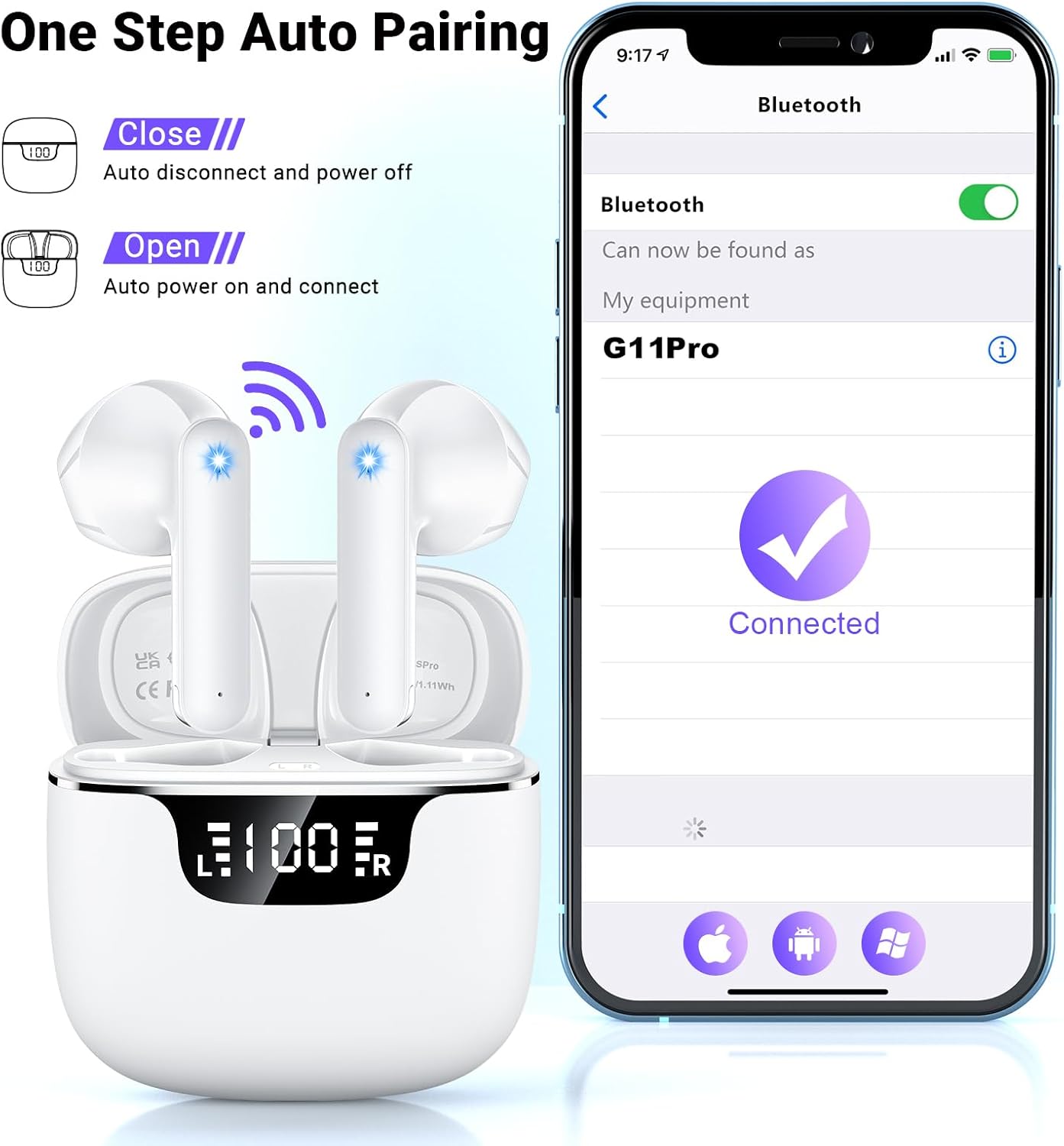 Wireless Earbuds Bluetooth 5.4 with LED Display Case, Mini In-Ear Bluetooth Earbuds, ENC Noise Cancelling for Calls,42H Playtime,Type-C Fast Charging, Touch Control,3.5g Lightweight for Android & iOS