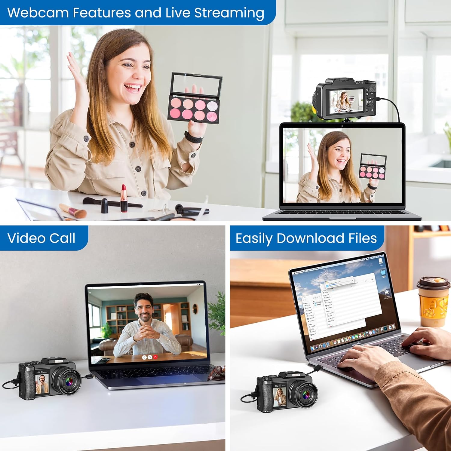 Digital Camera, 5K 80MP 3.5"+2" Dual Screen Cameras for Photography Autofocus, 18X Digital Zoom Vlogging Camera for YouTube, Travel, Beginners, Include 64GB Card and 2 Batteries, Black